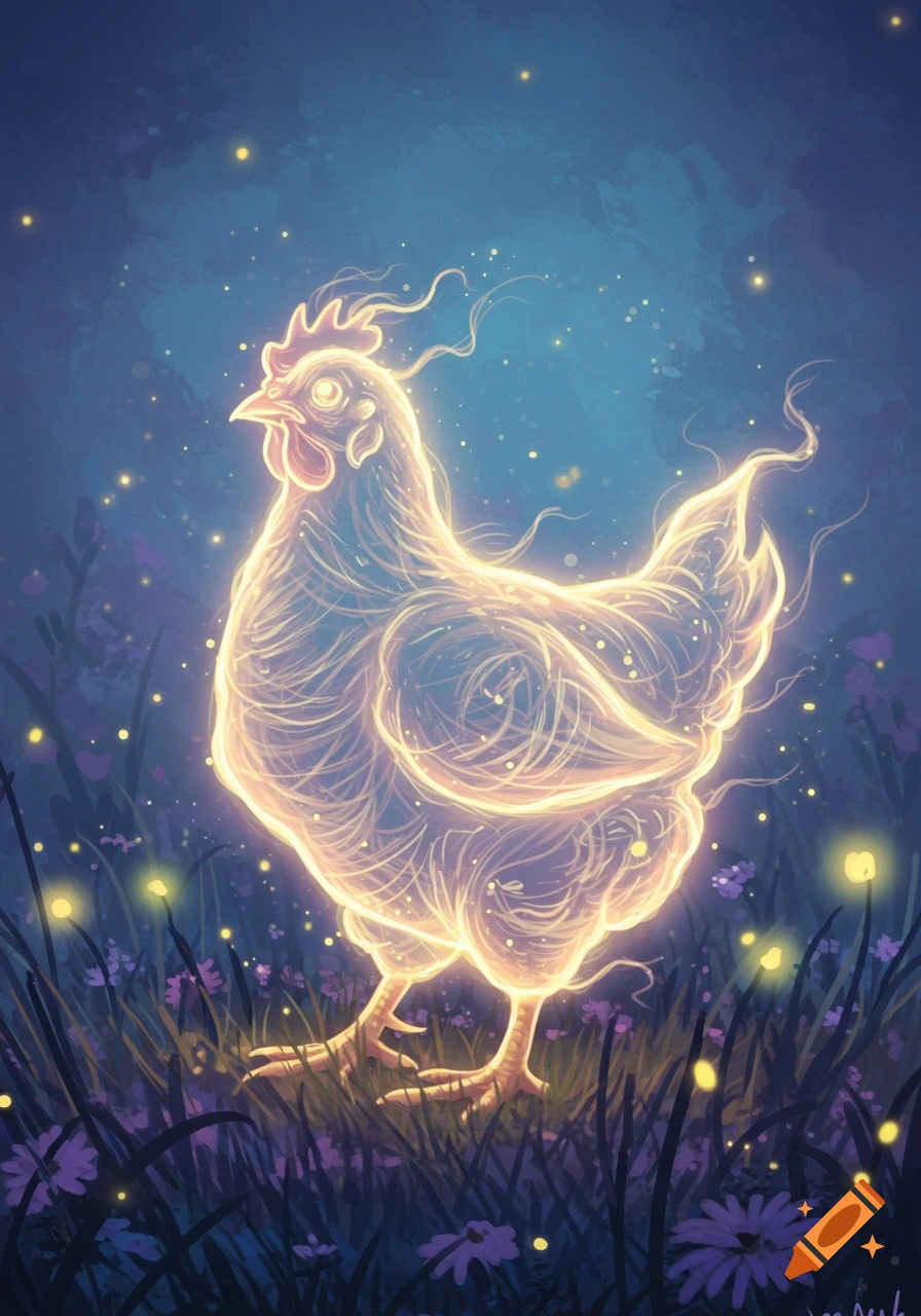 A glowing, ethereal chicken stands in a dark, magical field with sparkling fireflies and purple flowers, in a digital painting style.