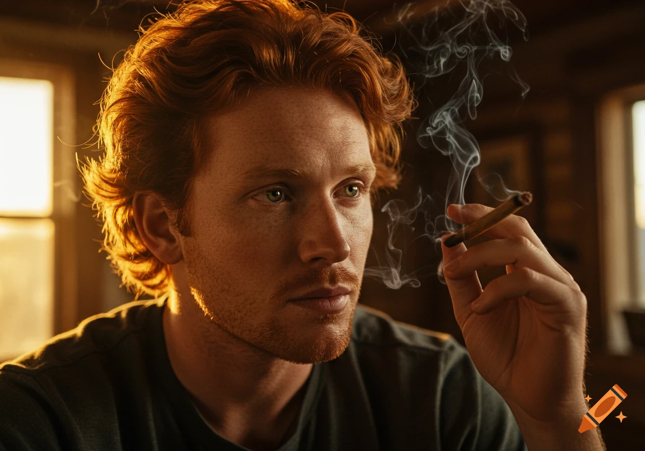 A photorealistic portrait of a redhead man with freckles and green eyes, illuminated by warm light, exhaling smoke from a cigarette.