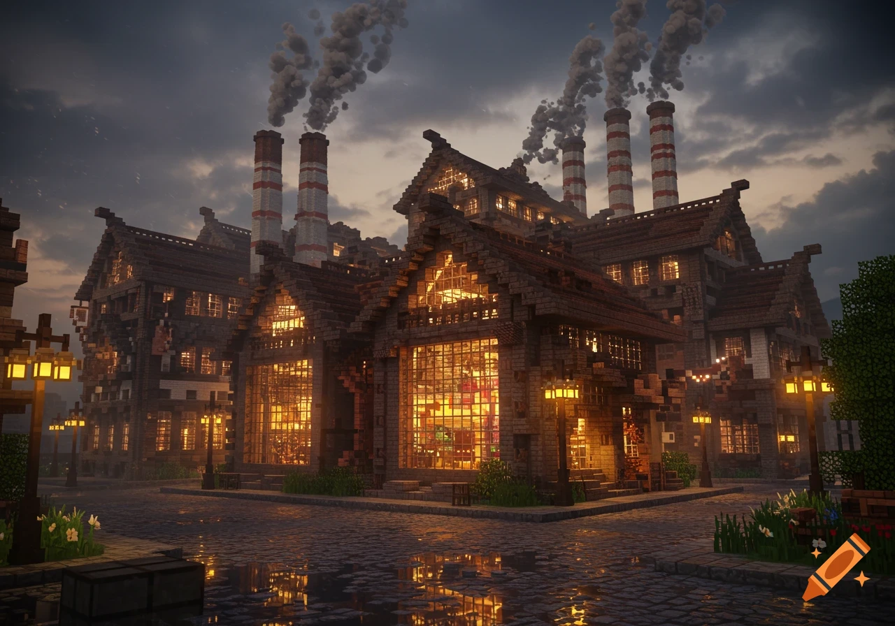 A grand Minecraft steampunk factory building with tall chimneys, glowing windows, and street lamps under a dramatic sky.
