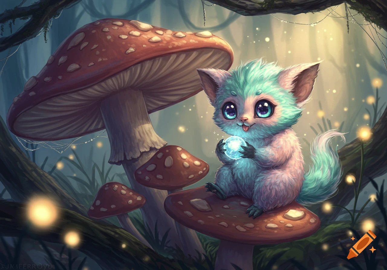 A cute, fluffy, turquoise and pink fantasy creature with big eyes holds a glowing orb, sitting on a large red mushroom in a magical forest.
