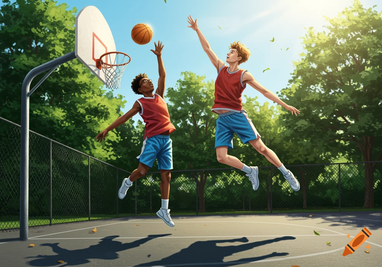 Two teenage boys, one Black with glasses and one white, jump to block a basketball shot on an outdoor court under a sunny sky.