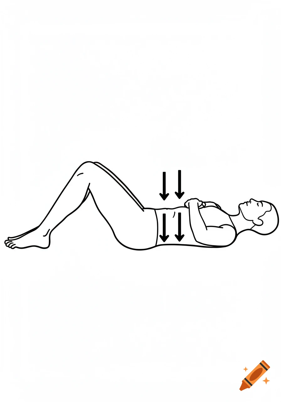 Simple black line drawing of a person lying on their back with knees bent and arms crossed. Arrows point down on the lower belly area.