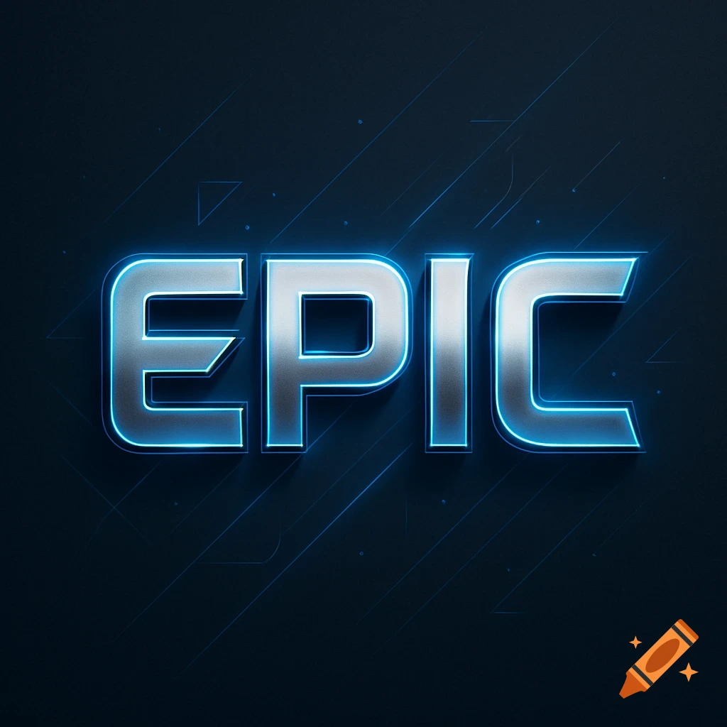 A metallic word "EPIC" with a bright blue neon glow, set against a dark, futuristic background with subtle lines.