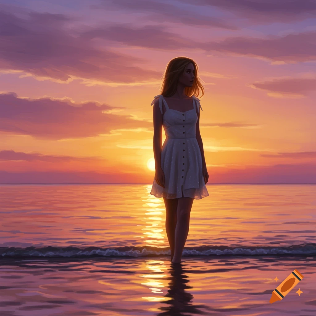 A digital painting of a woman in a white dress standing in shallow water at sunset on a beach.