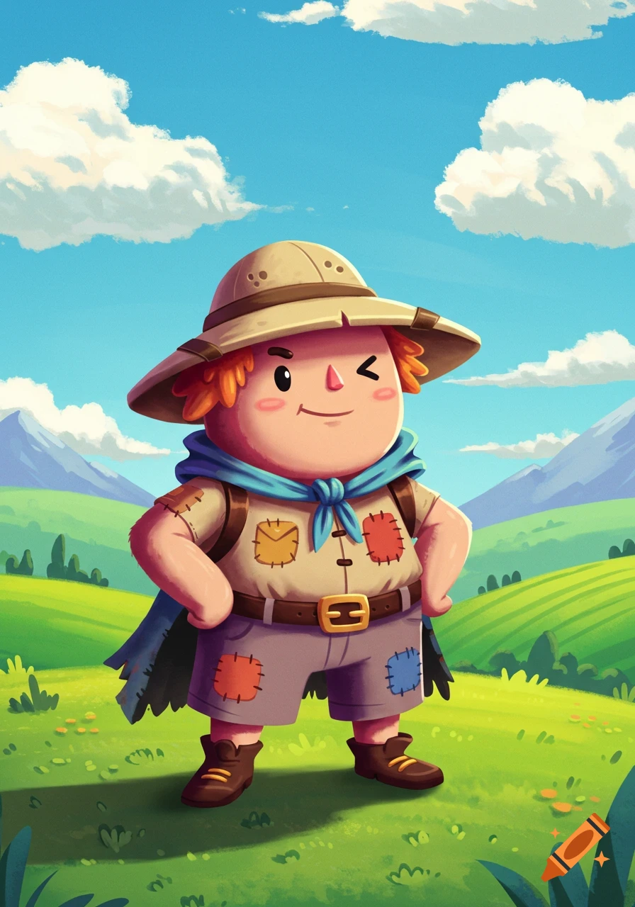A cute, winking cartoon adventurer character stands proudly with hands on hips in a vibrant green field under a blue sky with white clouds and mountains.