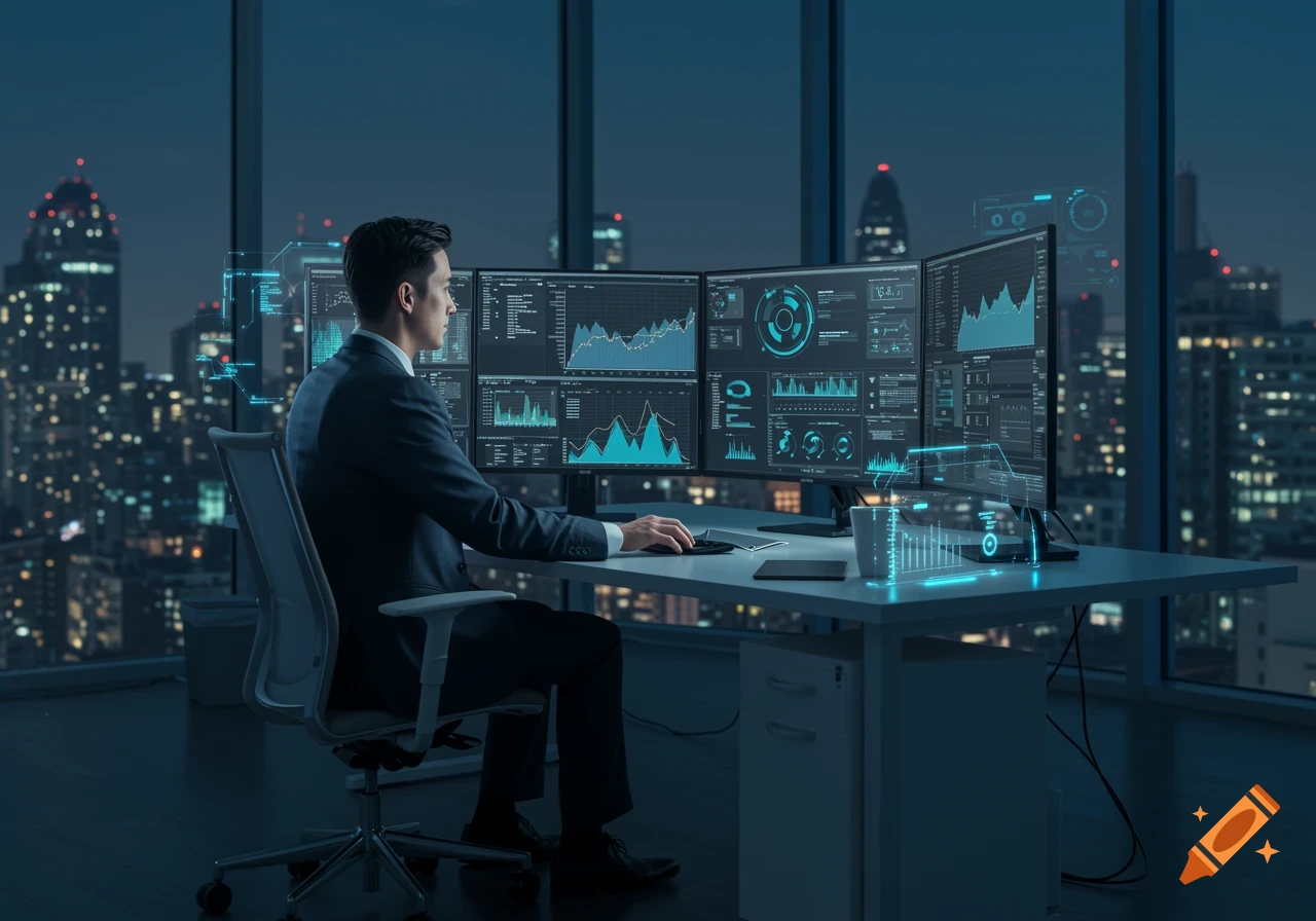A man in a suit sits at a desk with multiple computer monitors displaying data, overlooking a city skyline at night.