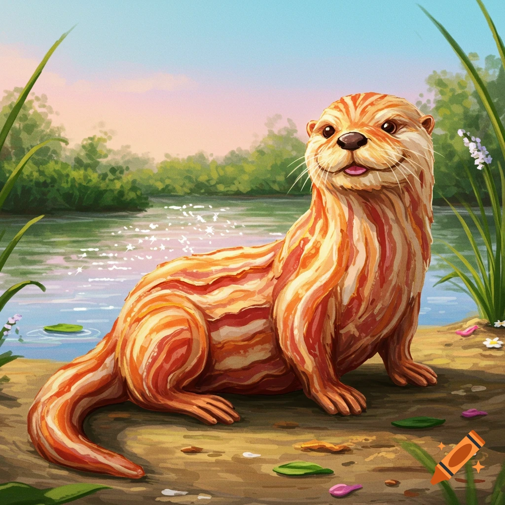 An adorable otter with a textured body resembling strips of bacon sits by a peaceful river bank at sunset, surrounded by green reeds and small flowers.