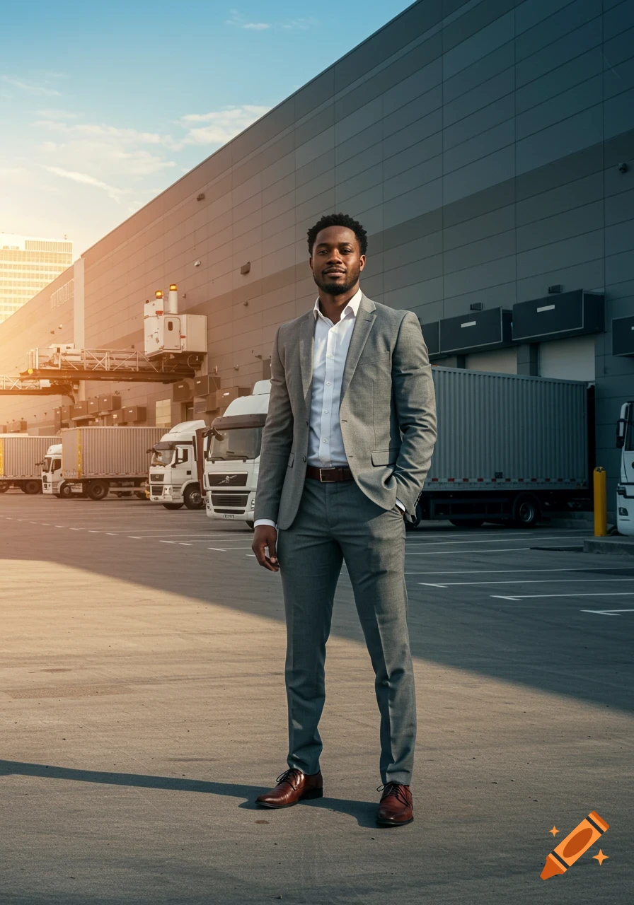 A Black American transport manager in a grey suit stands in a sunny parking lot in front of a modern warehouse and trucks.