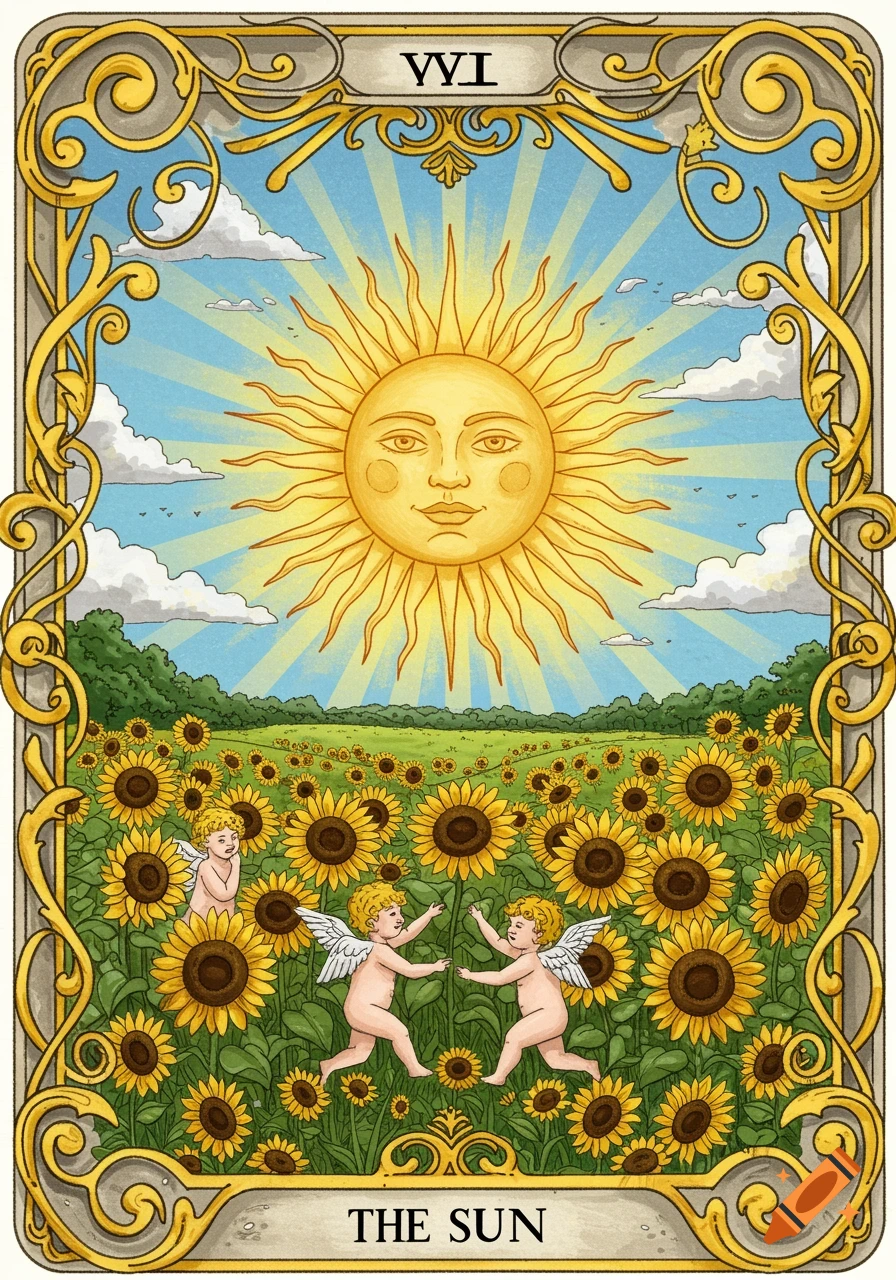 A vibrant illustration of The Sun tarot card, featuring a smiling sun, a field of sunflowers, and three winged cherubs, framed by ornate golden borders.