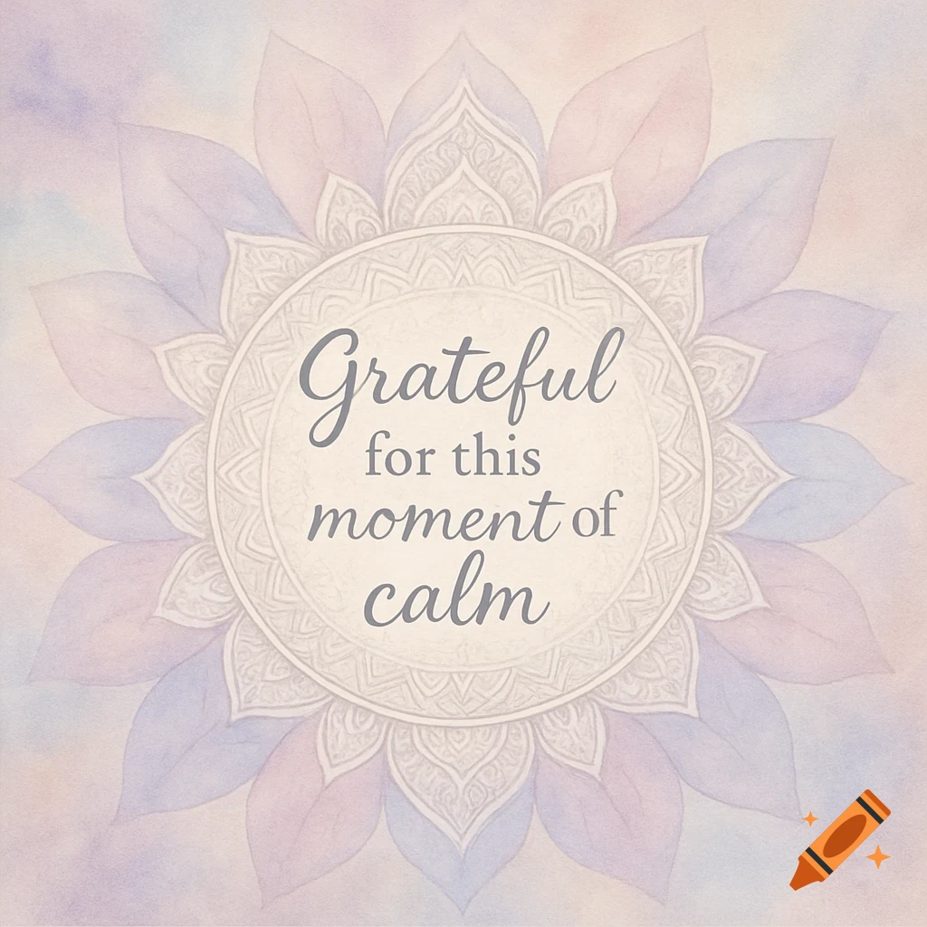 A watercolor mandala with soft pastel petals surrounding the text 'Grateful for this moment of calm'.
