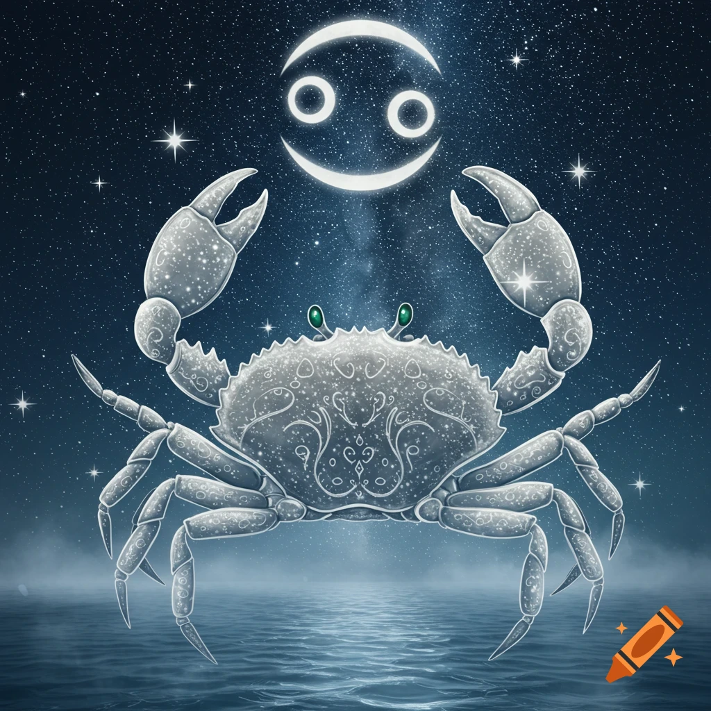 A shimmering, decorative crab with green eyes stands under a glowing Cancer zodiac symbol and a starry night sky, reflected in water.
