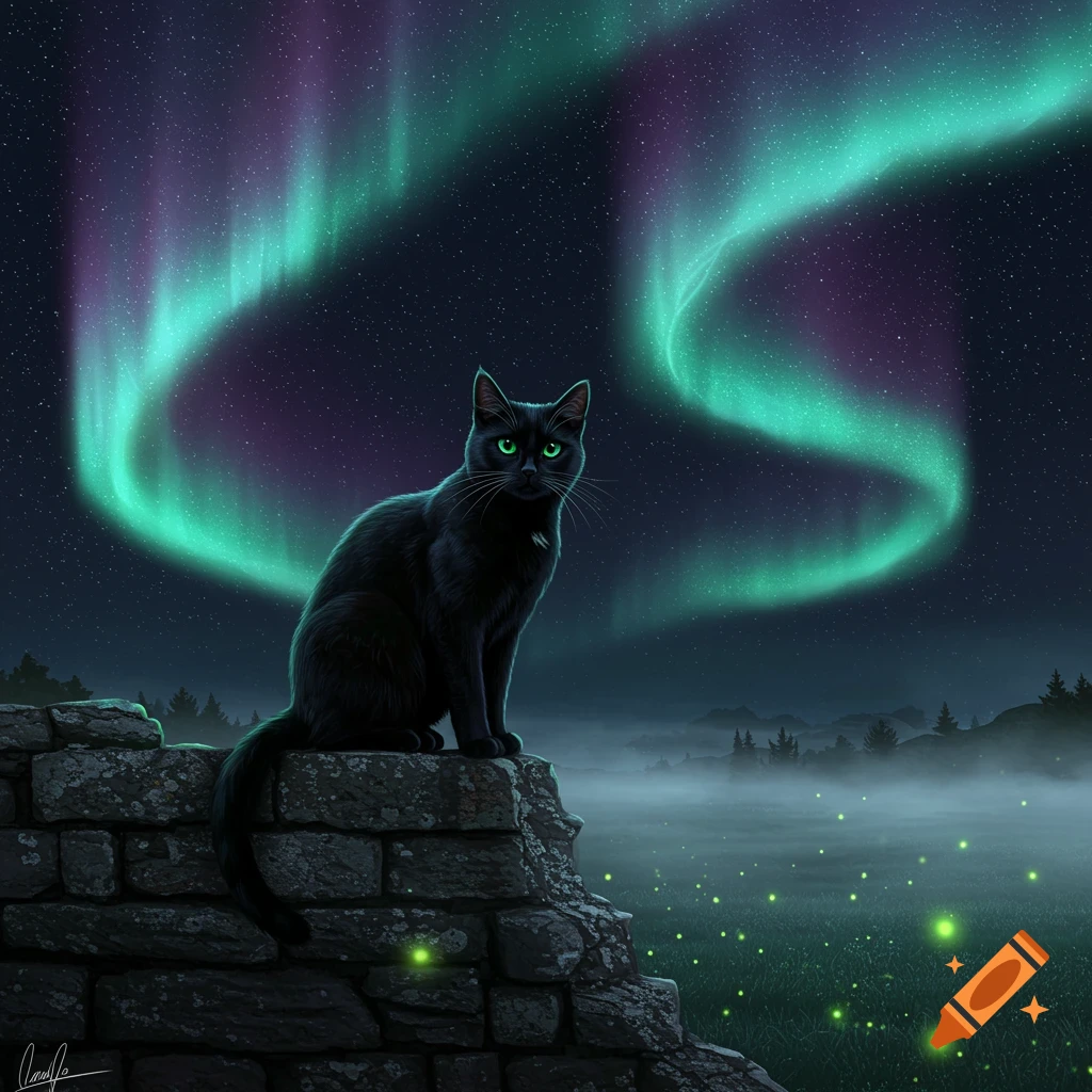 A black cat with green eyes sits on a stone wall under a vibrant green and purple aurora borealis in a misty, starlit landscape.