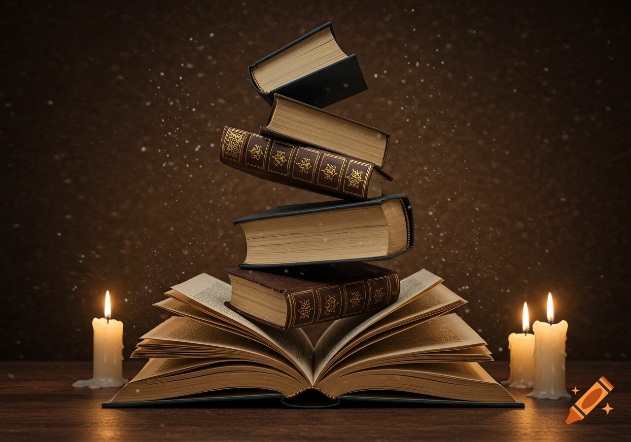 A stack of old books, one open, with lit candles on a wooden table. Floating particles in the dark background.