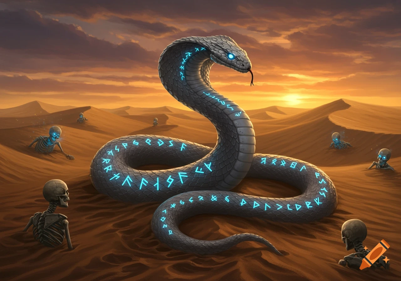 A large silver snake covered in glowing blue runes in a desert landscape at sunset, surrounded by skeletal figures emerging from the sand.