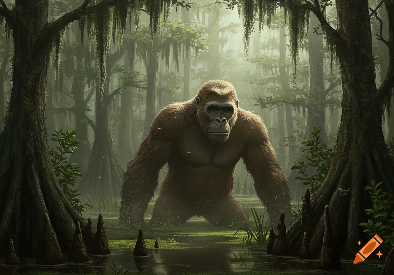 A large, brown ape-like creature stands in murky swamp water amidst trees with hanging moss and cypress knees. Digital painting.