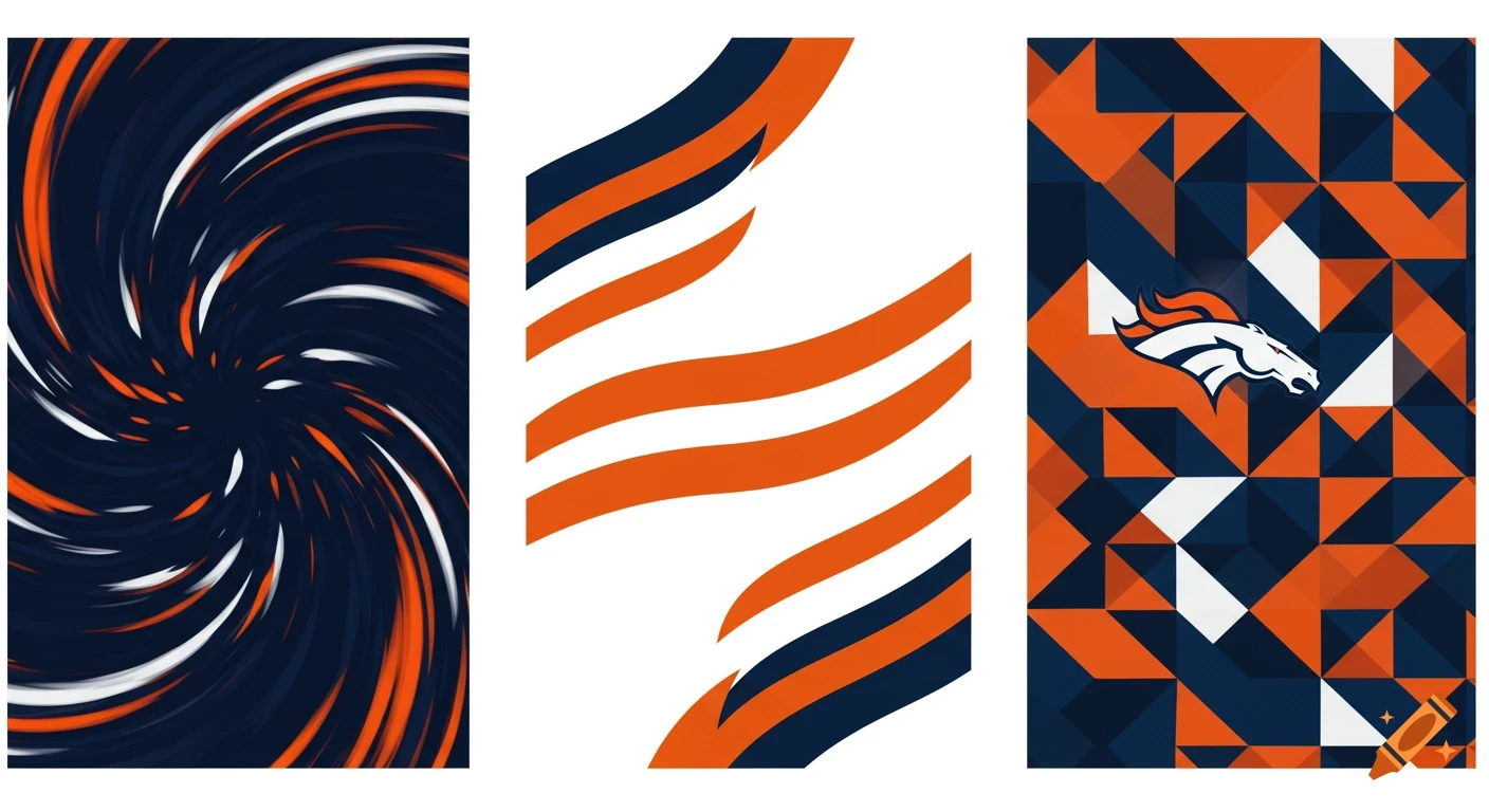 Three abstract designs in navy blue, orange, and white, one with a swirling pattern, one with wavy stripes, and one geometric with the Denver Broncos logo.