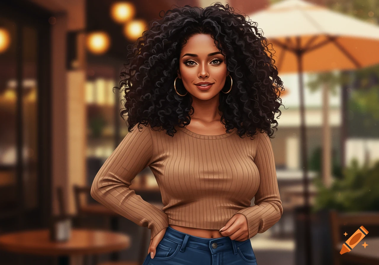 Digital illustration of a young woman with dark curly hair, brown ribbed crop top, and blue jeans, smiling in an outdoor setting.