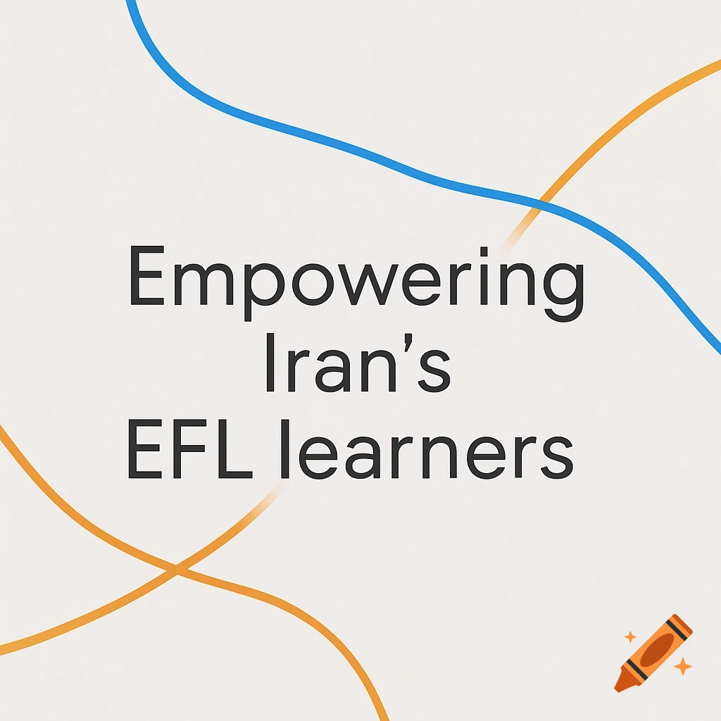 Black text 'Empowering Iran's EFL learners' on a light gray background with blue and orange wavy lines.