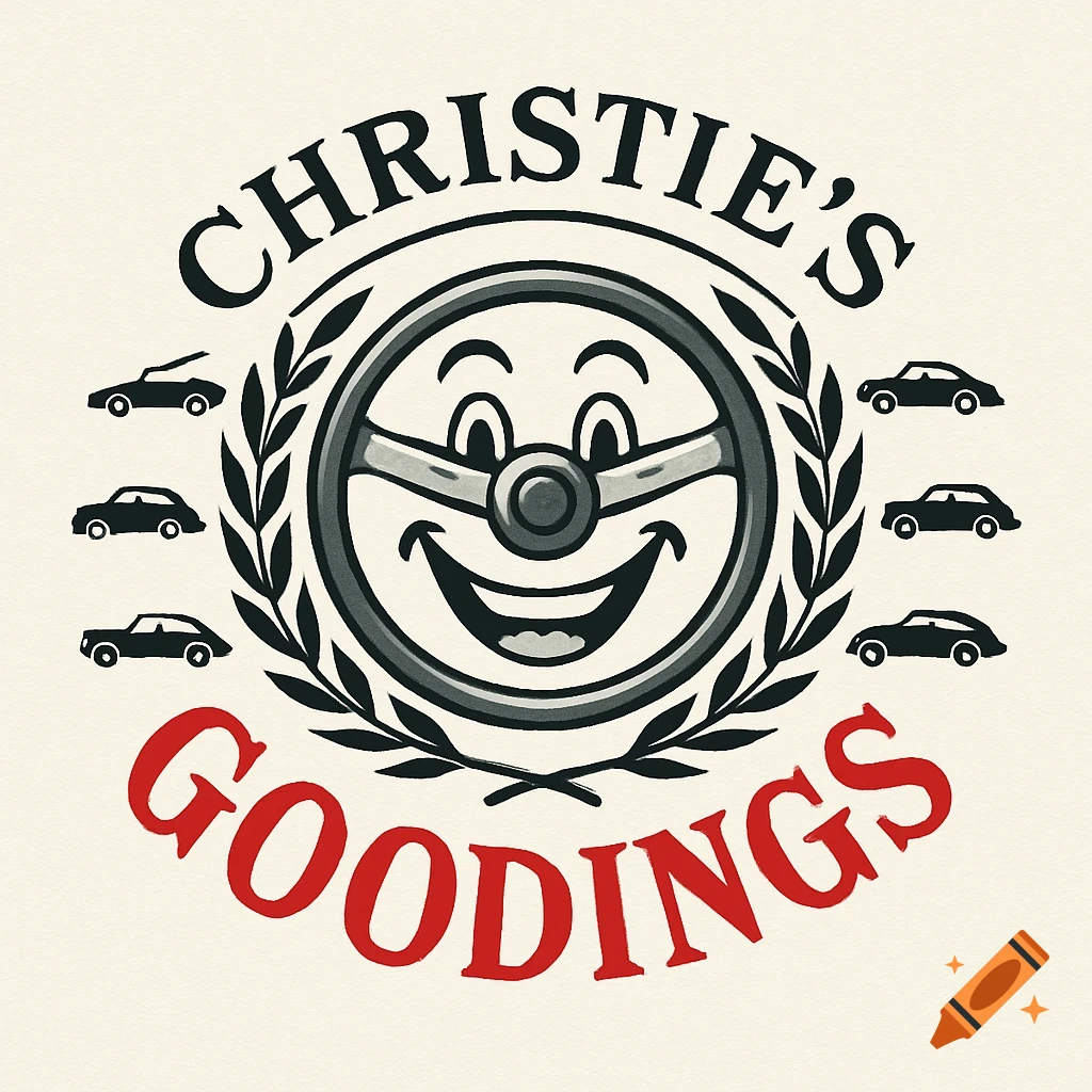 A vintage-style logo features a grinning car steering wheel surrounded by laurel leaves and small car silhouettes. "CHRISTIE'S" is above, "GOODINGS" in red below.