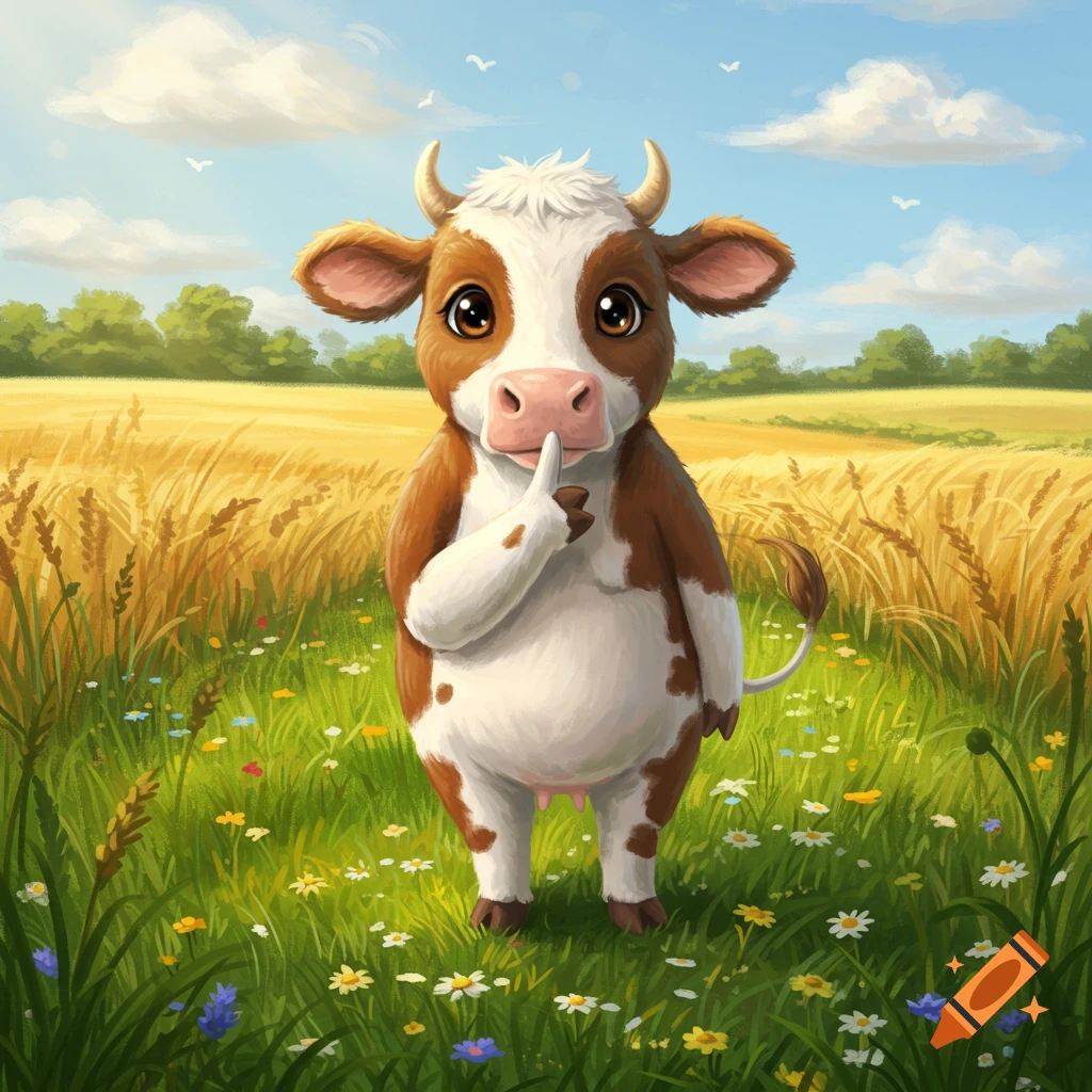 A cute cartoon cow stands in a field of grass and wheat, holding a finger to its mouth in a 'shhh' gesture.