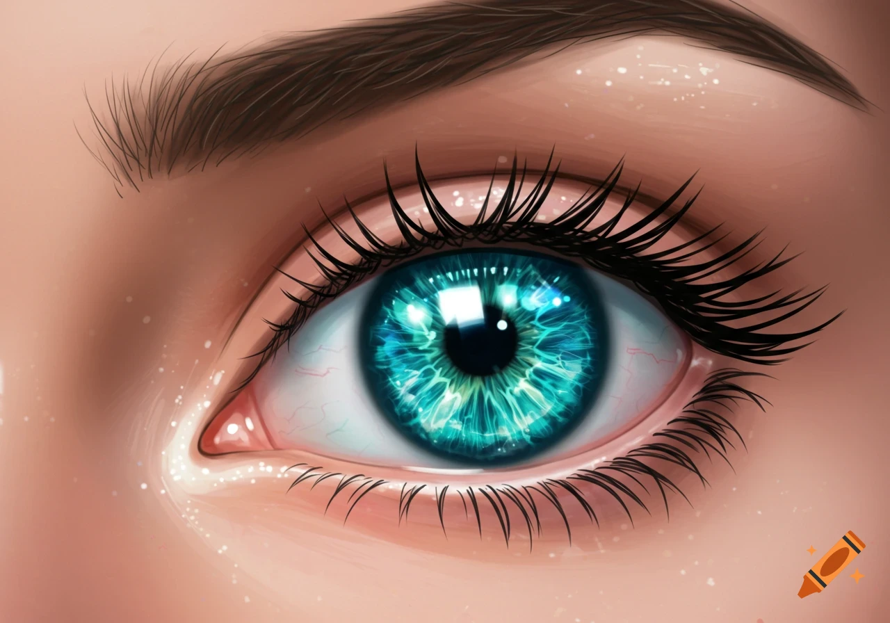 Close-up stylized illustration of a vibrant blue eye with long eyelashes.