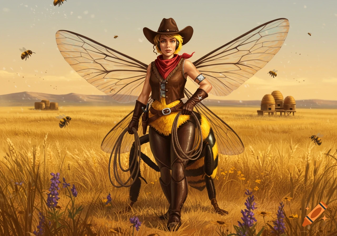 A cowgirl bee hybrid stands in a golden field at sunset, holding a lasso. Several bees fly around her and beehives are in the background.