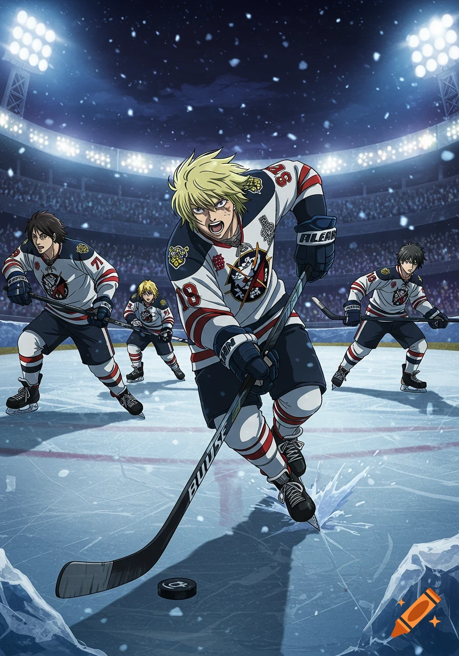 An anime-style image of four male ice hockey players on a rink, with the main player in the foreground skating forward with a stick and puck.