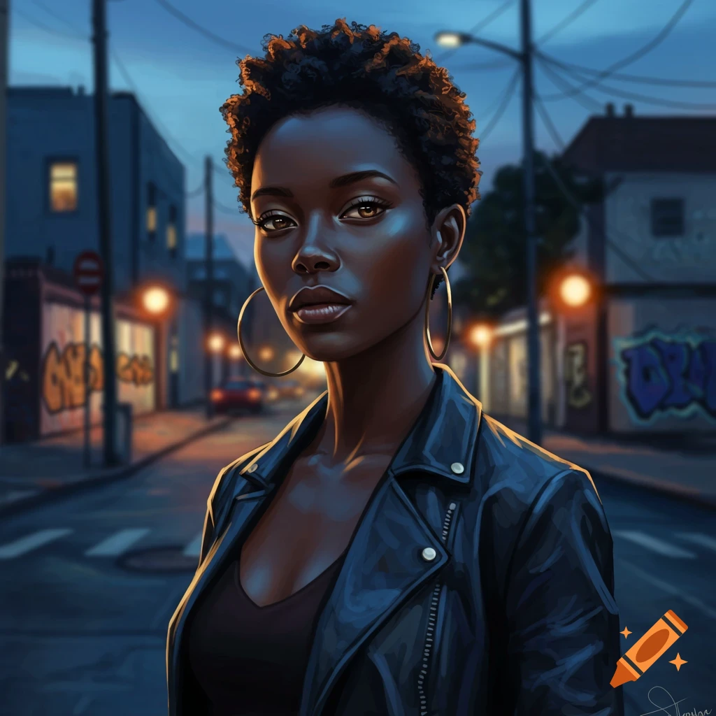 A close-up portrait of a Black woman with short curly hair and hoop earrings, wearing a leather jacket, standing on a dimly lit urban street at night with blurry graffiti in the background.