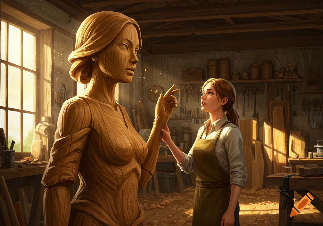 A woman in an apron in a woodworking shop gazes up at a large wooden statue of a female figure, bathed in golden light from a window.
