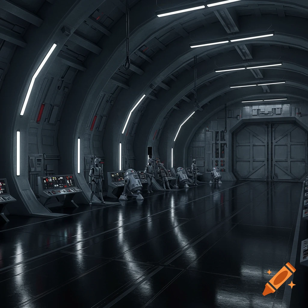 A dark, photorealistic Star Wars Imperial hangar with droids and robots standing by control panels, and blast doors at the far end.