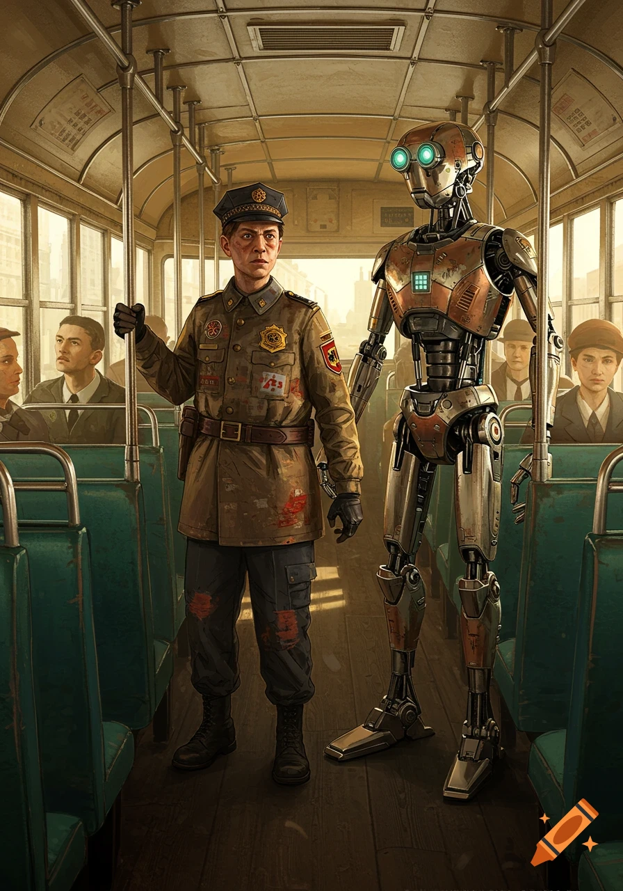 A police officer in a vintage uniform stands next to a tall, old-fashioned robot with glowing eyes inside a bus.