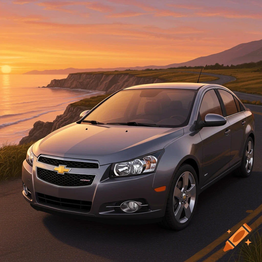 A gray Chevrolet sedan on a coastal road at sunset, with a golden sky reflecting on the ocean, photorealistic.