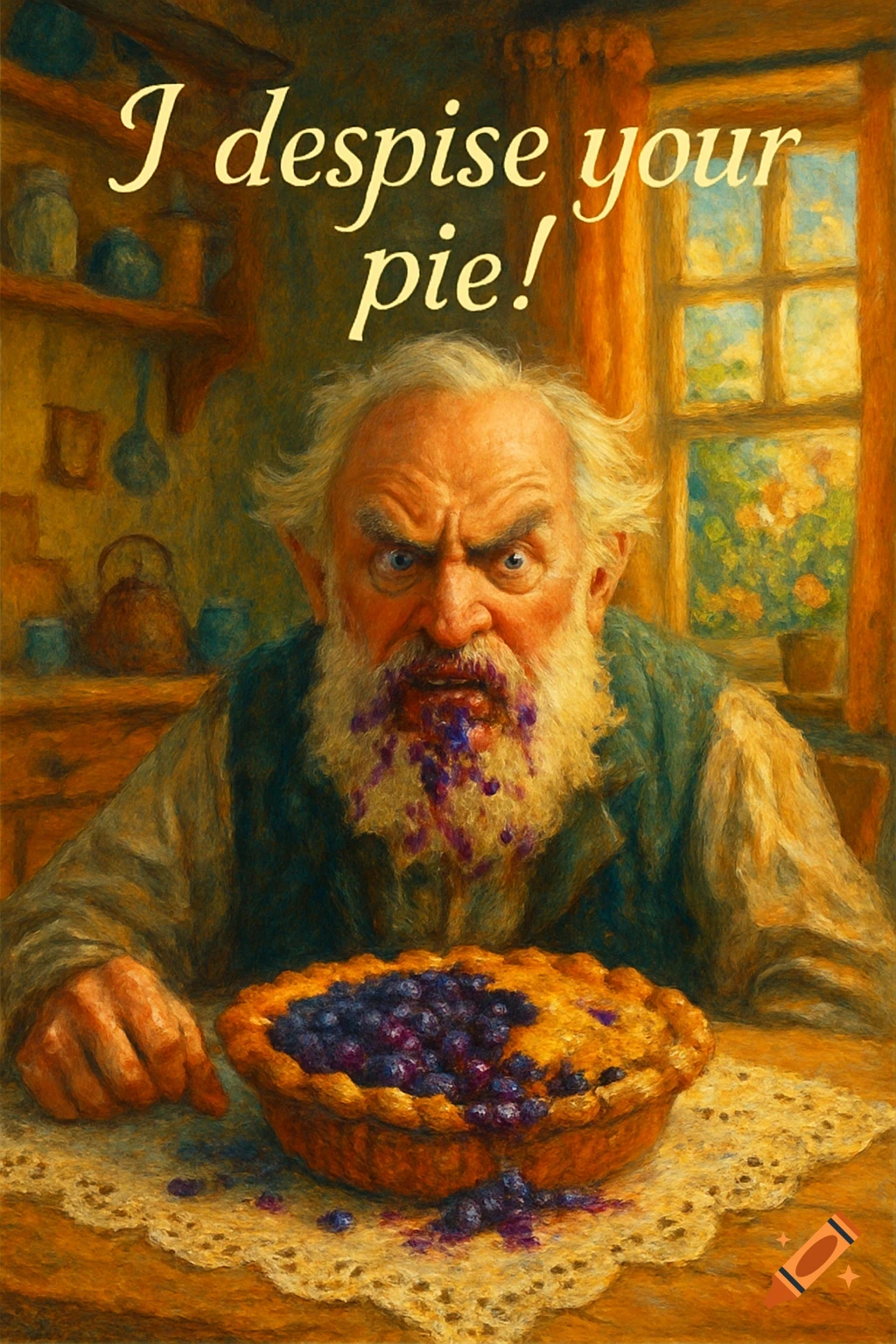 Angry old man with blueberry pie smeared on his face, sitting at a table with a pie. Caption reads 'I despise your pie!'