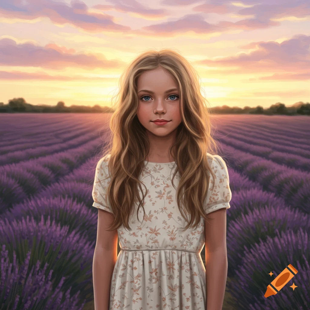 A young girl with long blonde hair stands in a lavender field at sunset. Warm, colorful sky. Digital art.
