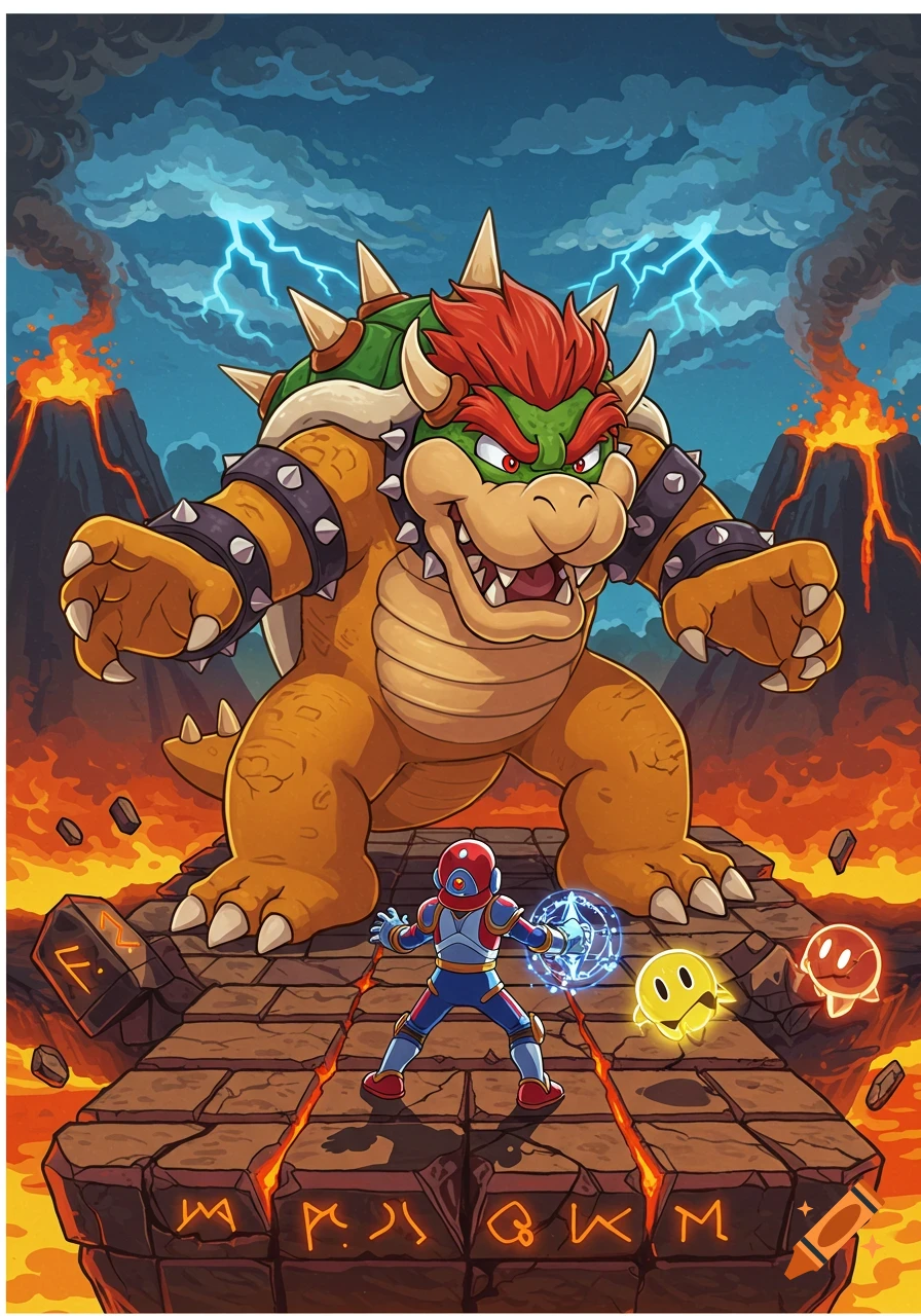 Cartoon image of a large, angry Bowser facing a small hero character on a stone path above lava, with volcanoes and lightning in the sky.