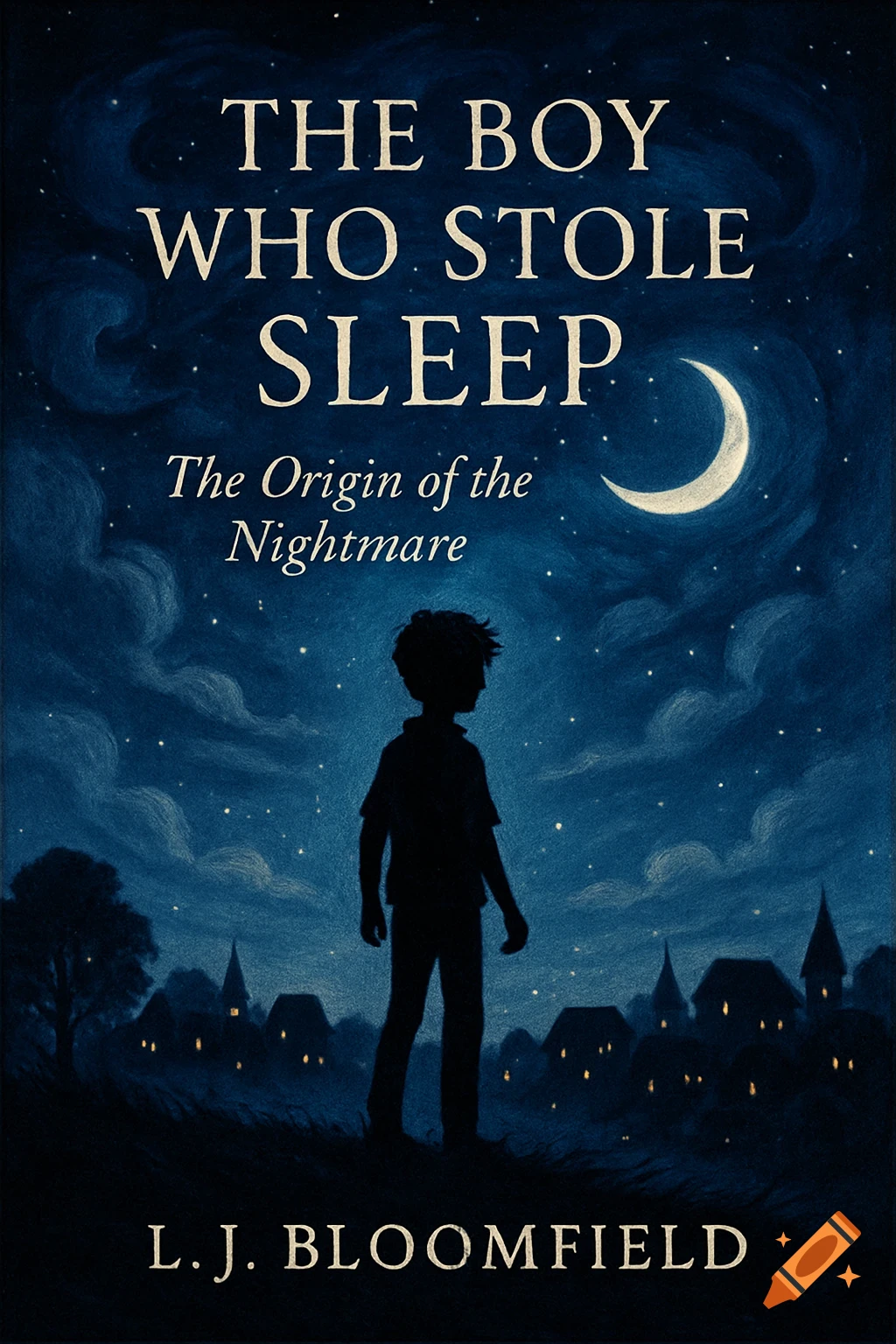 Book cover for 'The Boy Who Stole Sleep', showing a boy's silhouette against a starry night sky with a crescent moon over a village.