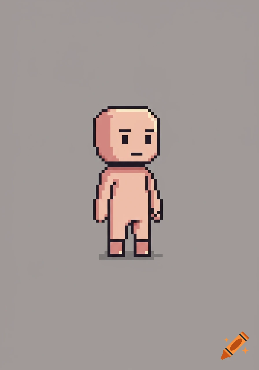 Simplistic pixel art 2D game character standing against a grey background.