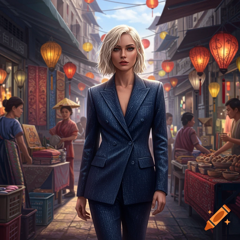 A woman with blonde hair in a blue suit walks through a bustling Asian street market filled with vendors and lanterns.