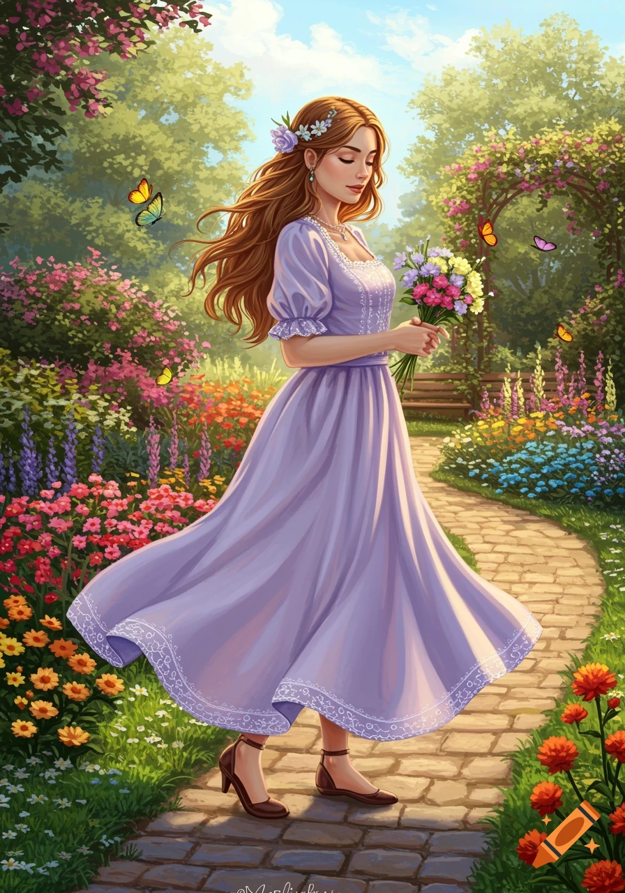 A woman in a lavender dress walks through a vibrant garden, holding flowers, with butterflies in the air.