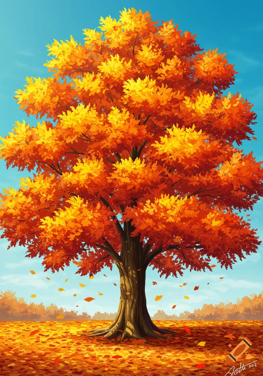 A vibrant autumn tree with red and orange leaves stands in a field covered in fallen leaves under a clear blue sky, in a stylized illustration.