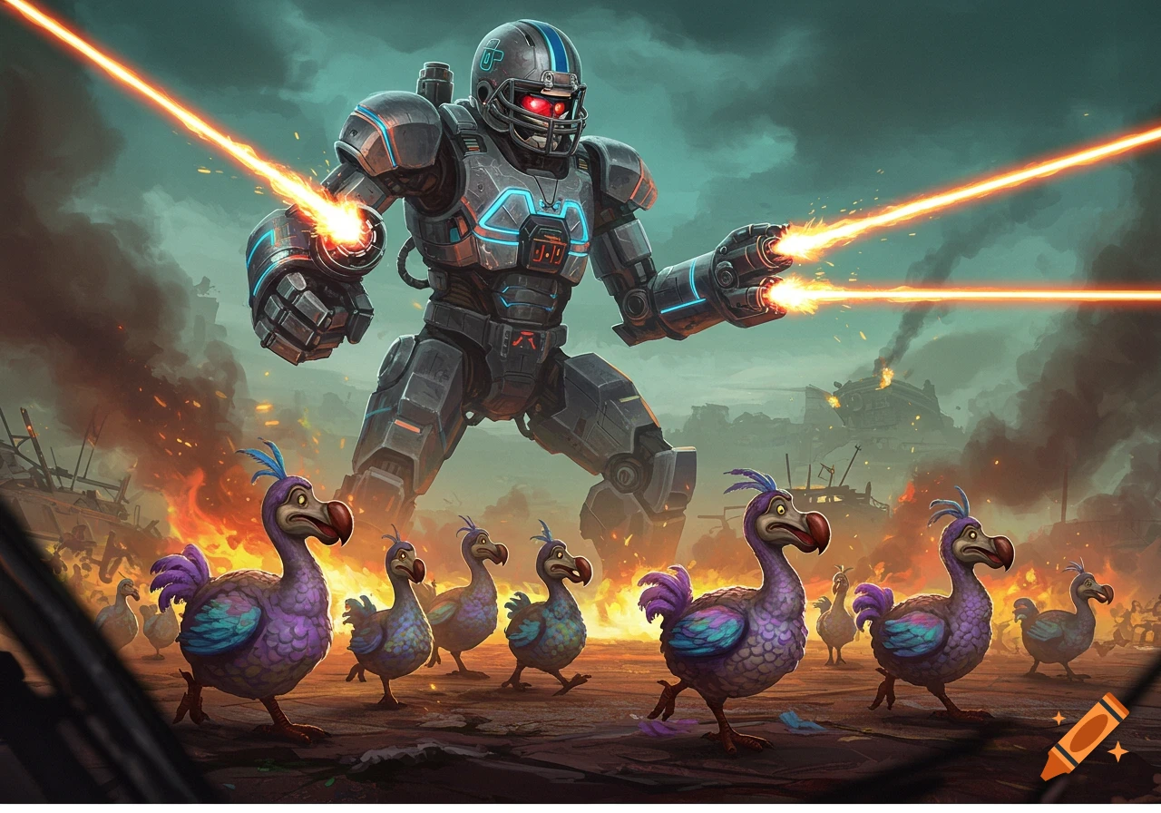 A giant robot wearing a football helmet shoots lasers at an army of colorful dodos running away in a chaotic, fiery landscape.