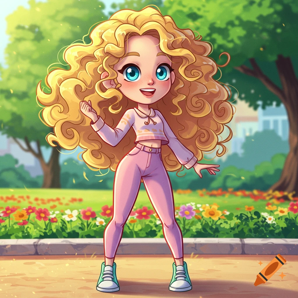 A blonde cartoon girl with curly hair and blue eyes stands in a park, wearing a pink cropped top and pants.