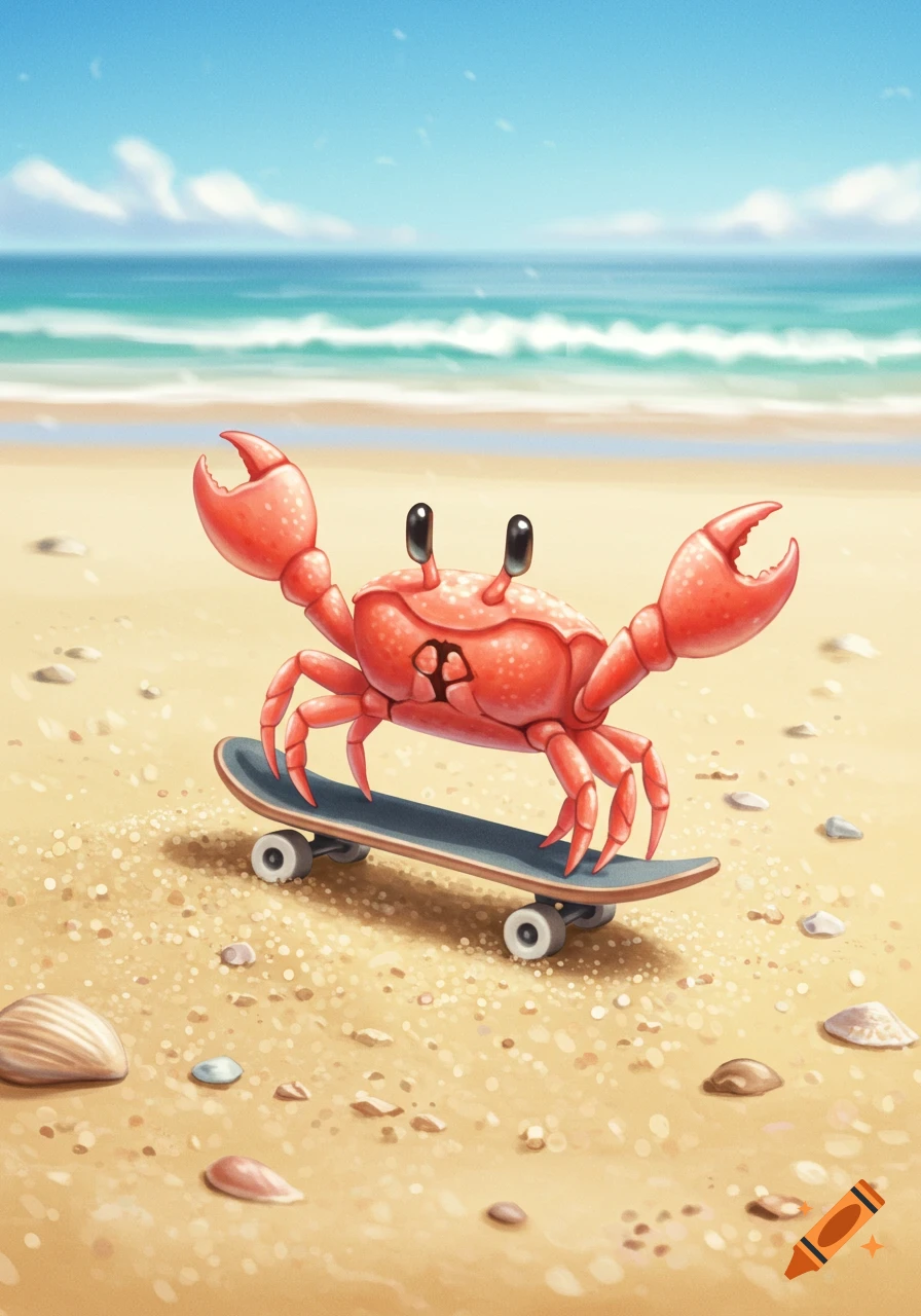 A cartoon crab on a skateboard on a sunny beach with the ocean in the background.