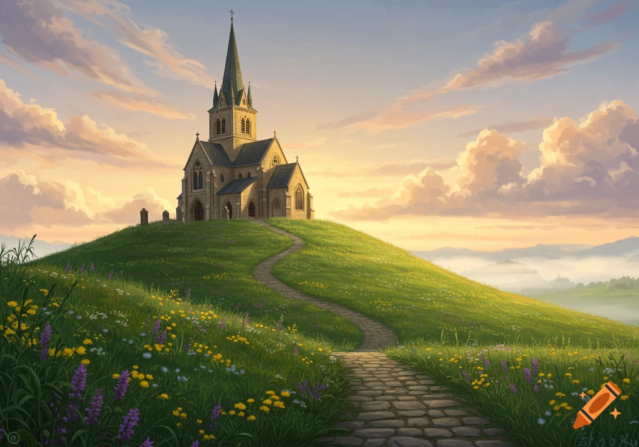 A stone church with a tall steeple sits on a grassy hill, with a winding stone path leading up to it, under a vibrant sunset sky.
