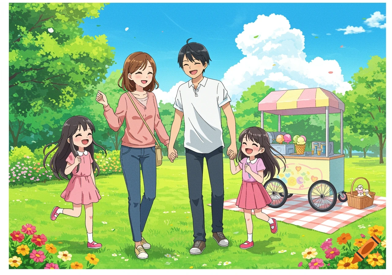 An anime family, with two parents and two daughters, walking happily in a sunny park with an ice cream cart and flowers.