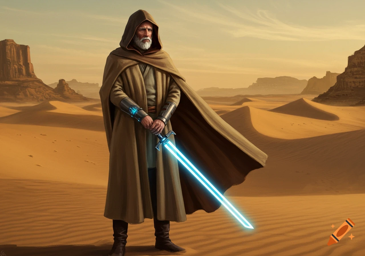 An old man with a white beard in a hooded robe stands in a desert holding a glowing blue lightsaber.