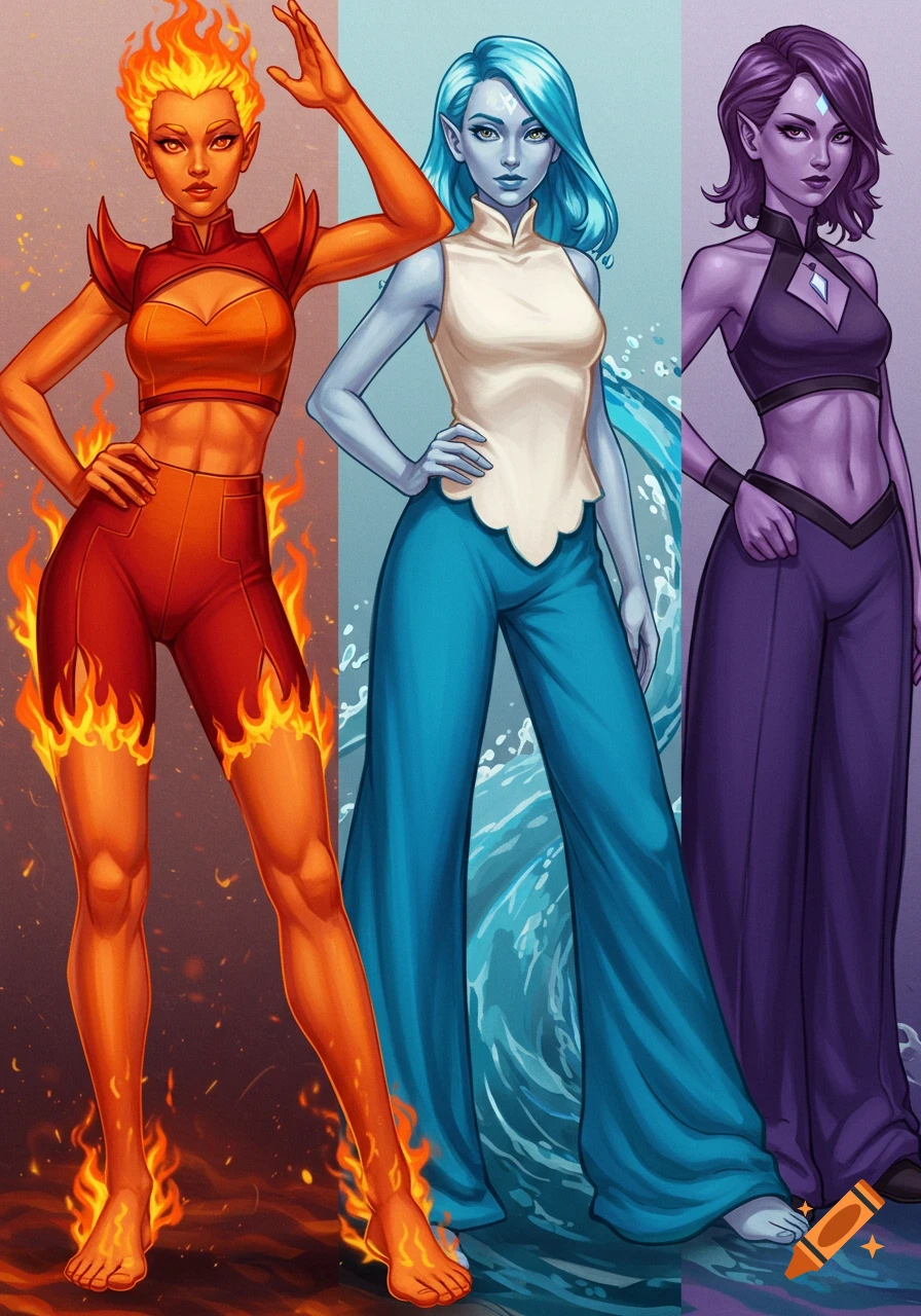 Three fantasy women side-by-side: a fiery character in red and orange, a water character in blue and white, and a purple-clad character.