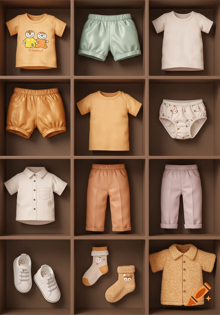 A grid of shelves displaying various toddler clothes and accessories, including t-shirts, shorts, pants, underwear, socks, and shoes.