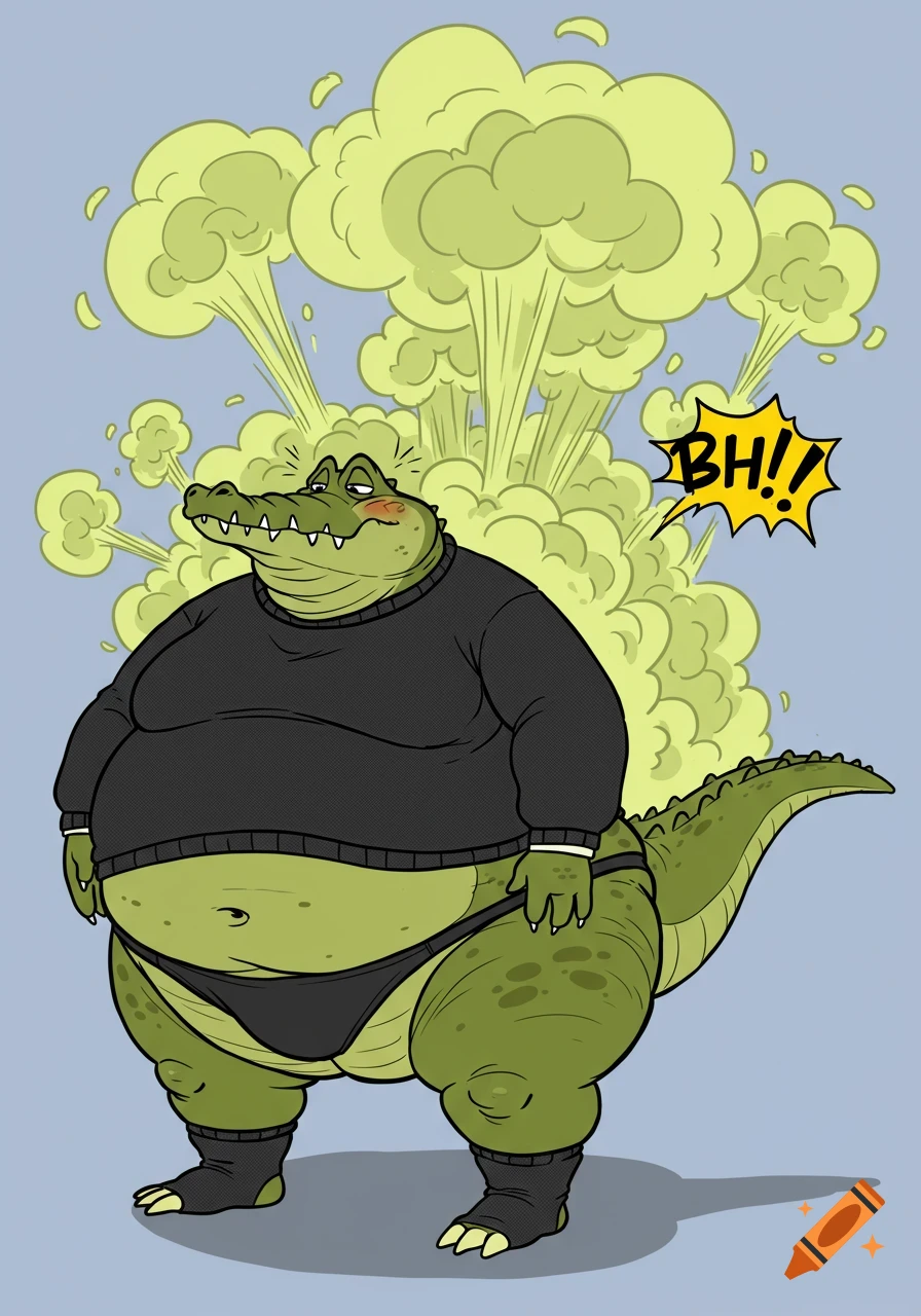 A fat cartoon crocodile in a black sweater and thong farts yellowish-green fumes, with a 'BH!!' speech bubble.