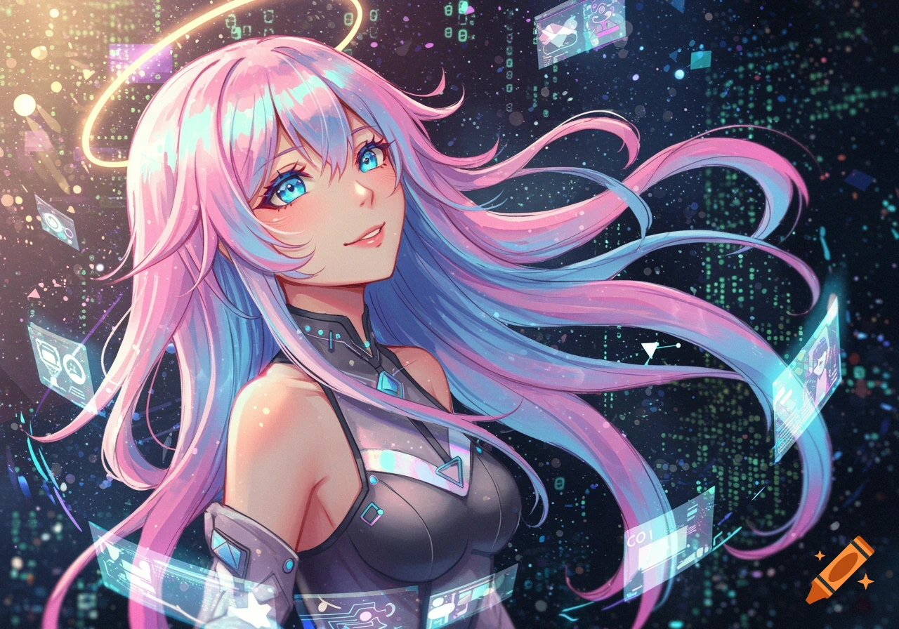 An anime girl with long pink and blue hair and a halo smiles, surrounded by glowing digital screens in a dark, starry cyberspace.